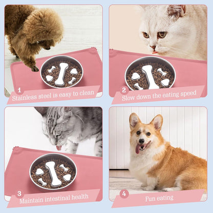 Stainless Steel Slow Feeder Dog Bowls – Non-Slip Metal Dog Bowl for Large & Medium Breeds, Puppy Puzzle Feeder – 2 Cup Capacity for Small to Big Pets – Durable Slow Feed Dog & Cat Food Dish with Mat