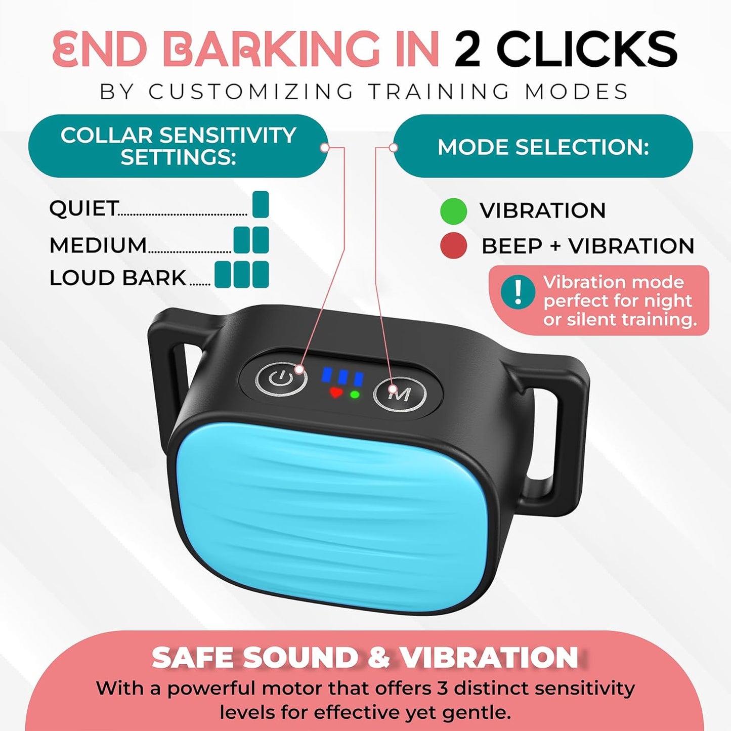 Bark Collar for Small/Medium Dogs, No Shock Anti Bark Collar, Rechargeable Anti Barking Collar w/2 Vibration & Beep Modes, Waterproof Shockless Smart Dog Stop Barking Control Device (Blue)