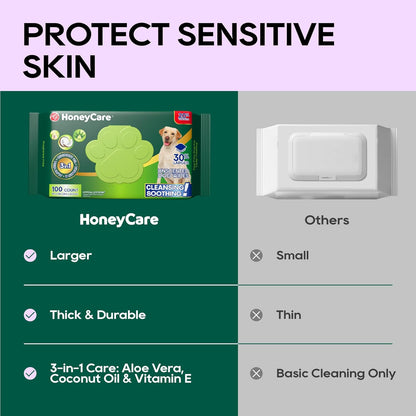 HONEY CARE Disposable Pet Wipes for Dogs & Cats – Cleansing & Soothing, Fragrance-Free, 100 Wipes for Paws, Butt & Body Cleaning(100 Pcs/4Packs