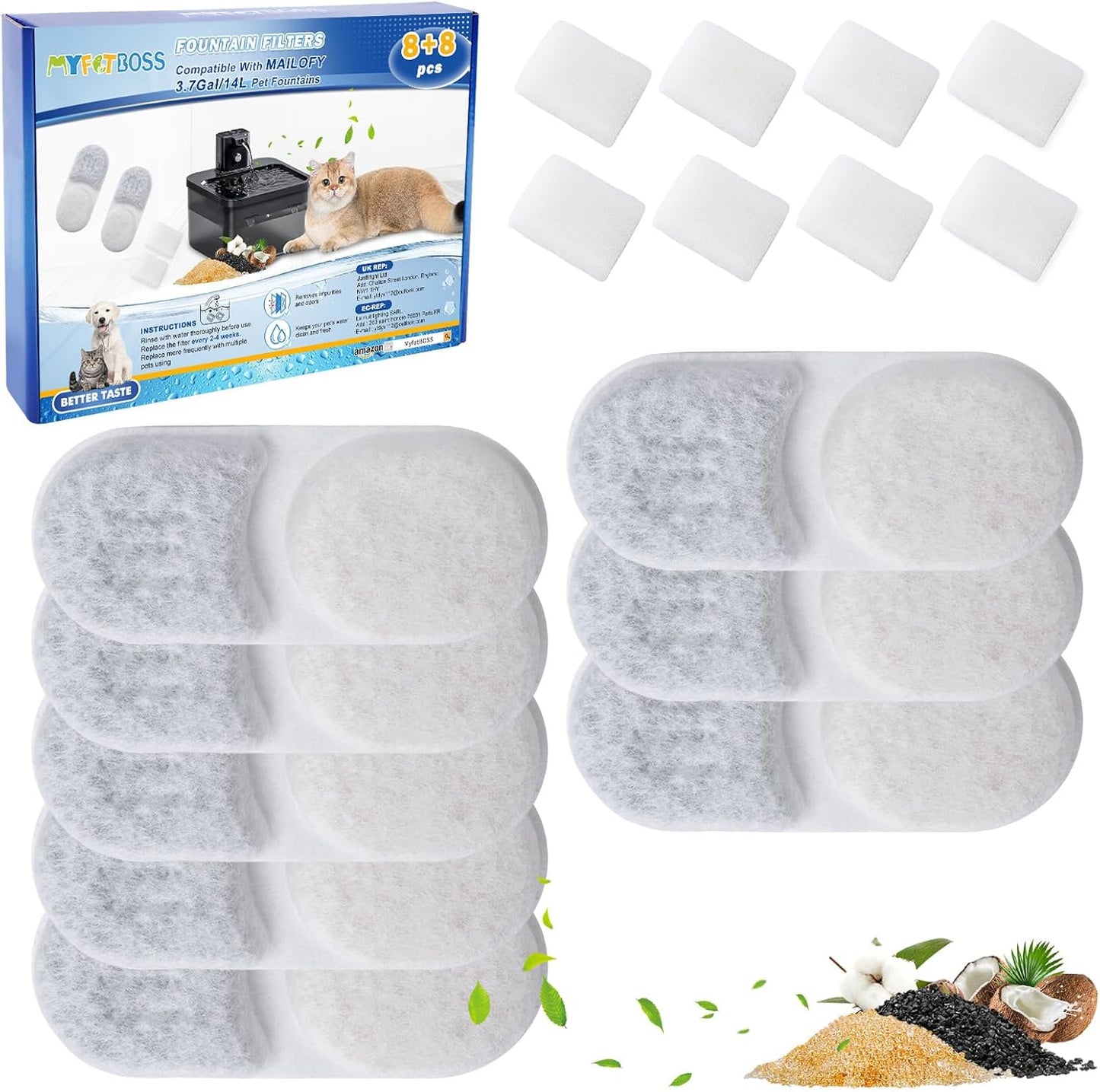 8+8 Pack Large Dog Water Filter Replacement Compatible with MAILOFY 14L/3.7Gal Pet Water Fountain Stainless Steel, 4-Layer Filter System with Activated Carbon for Dog Filtered Water Bowl