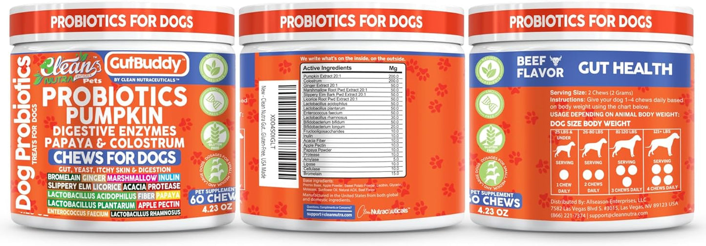 Gut Health Probiotics for Dogs + Pumpkin Colostrum Digestive Enzymes Ginger Slippery Elm Licorice Inulin Fiber Soft Chews Dog Probiotic Beef Flavor Digestion Supplement Treat Bites Large & Small Pets