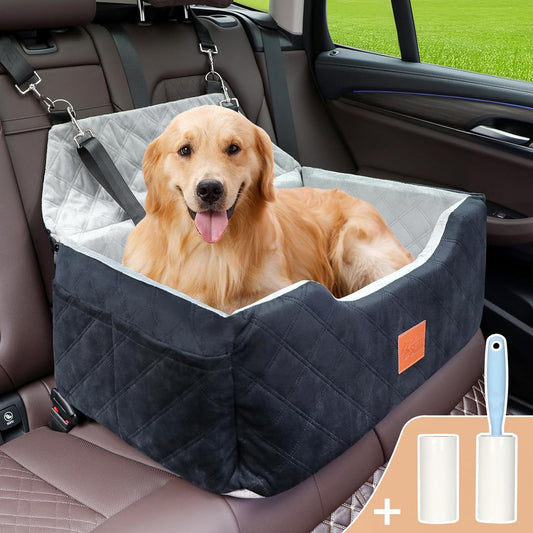 Dog Seat for Car Travel, Booster Car Seat for Large/Medium Dogs Under 55 lbs or 2 Small Pets, Detachable & Washable Dog Seat Bed with Safety Leashes & Thick Cushion (Black&Grey)