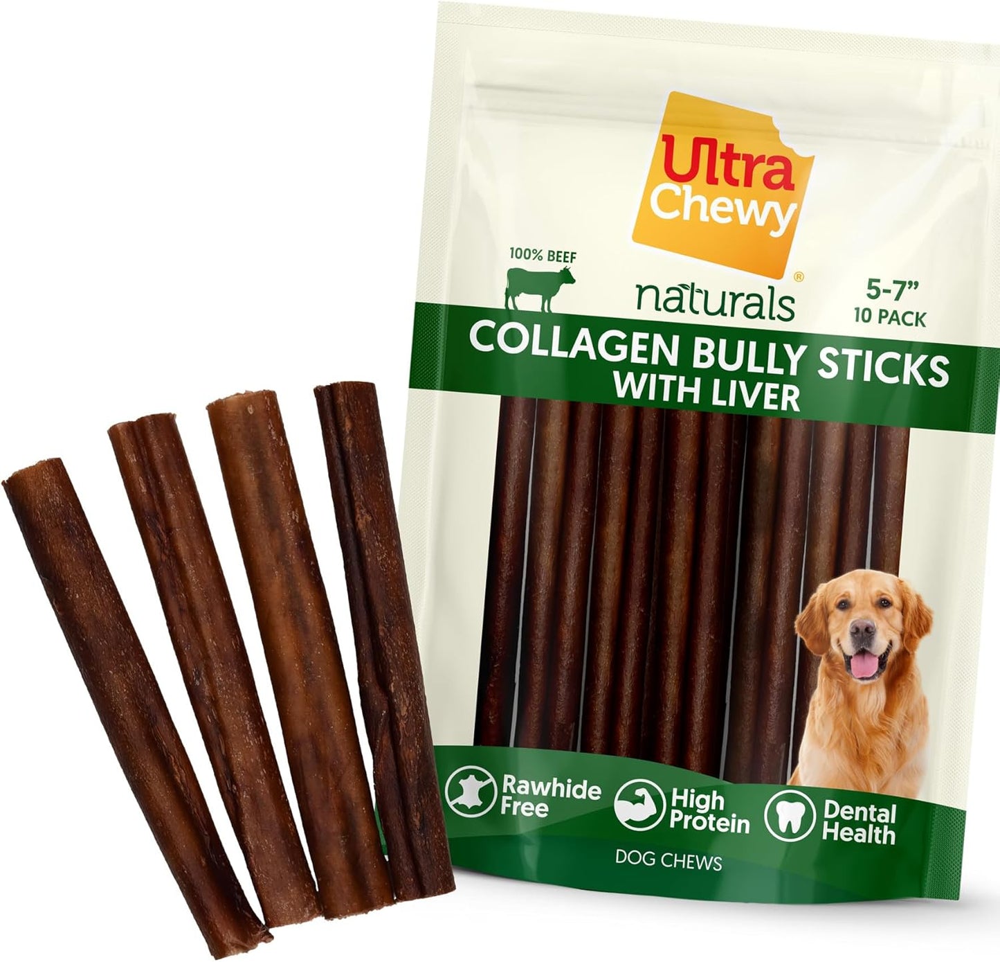 Ultra Chewy Collagen Sticks 5-7 inches (10 Pack) – Long Lasting Odor-Free, All-Natural Dog Chews – Rawhide & Bully Stick Alternative