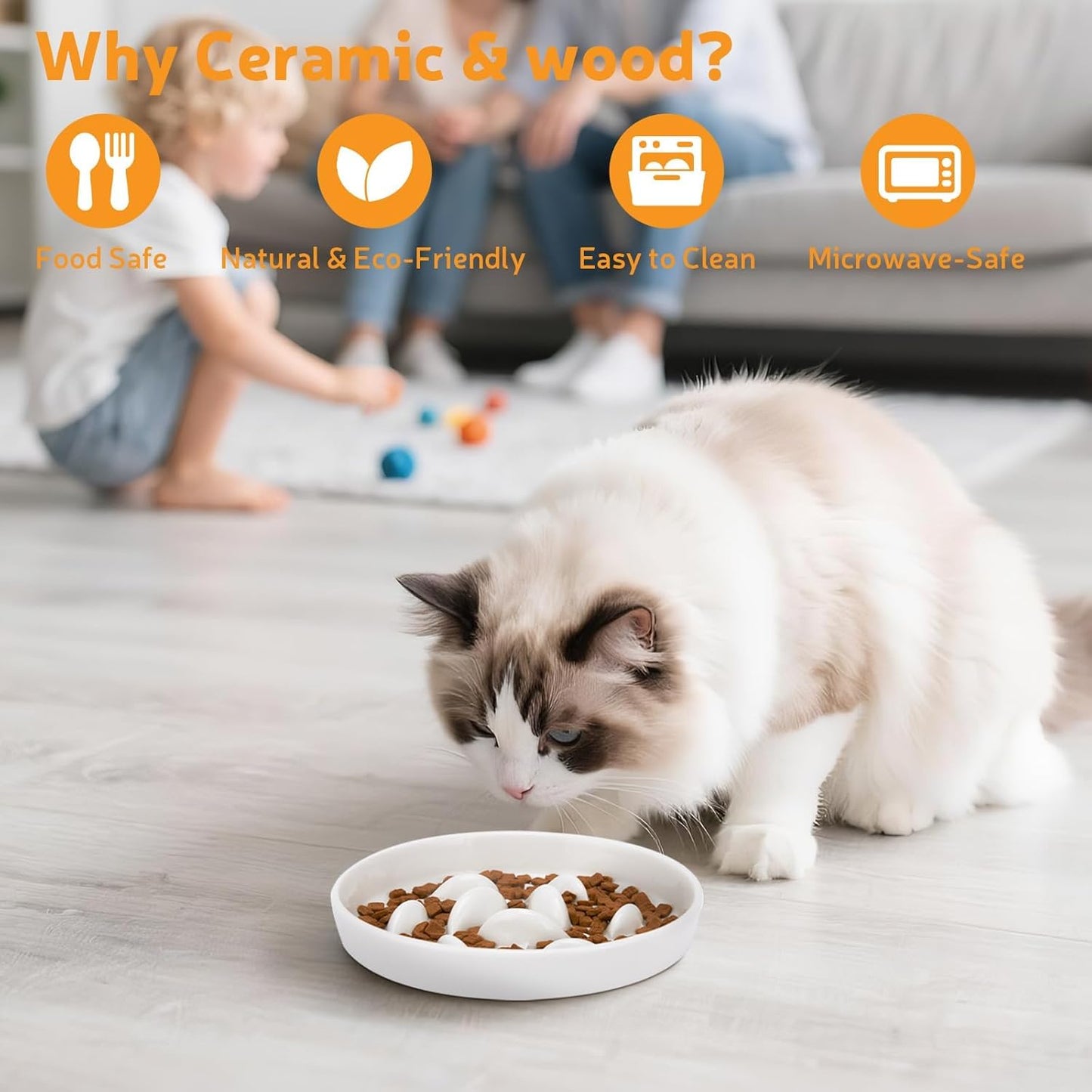 Ceramic Slow Feeder Cat Bowl 6.3'' Wide, Shallow Slow Eating Cat Bowl for Dry and Wet Food, Anti Gulping Pet Puzzle Feeder for Cats and Small Dogs, Dishwasher Safe (White)