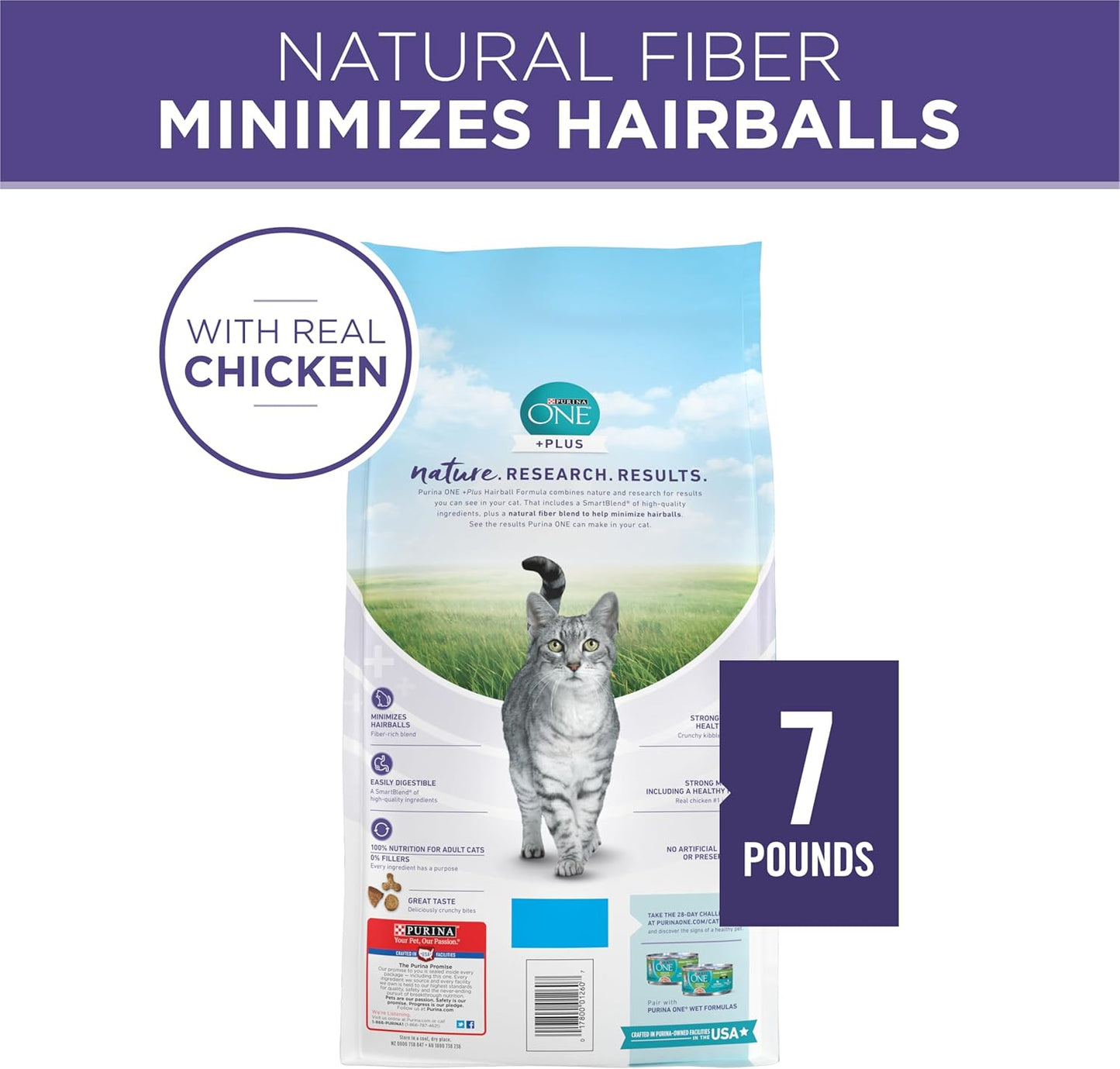 Purina ONE Natural Cat Food for Hairball Control, +PLUS Hairball Formula - 7 lb. Bag