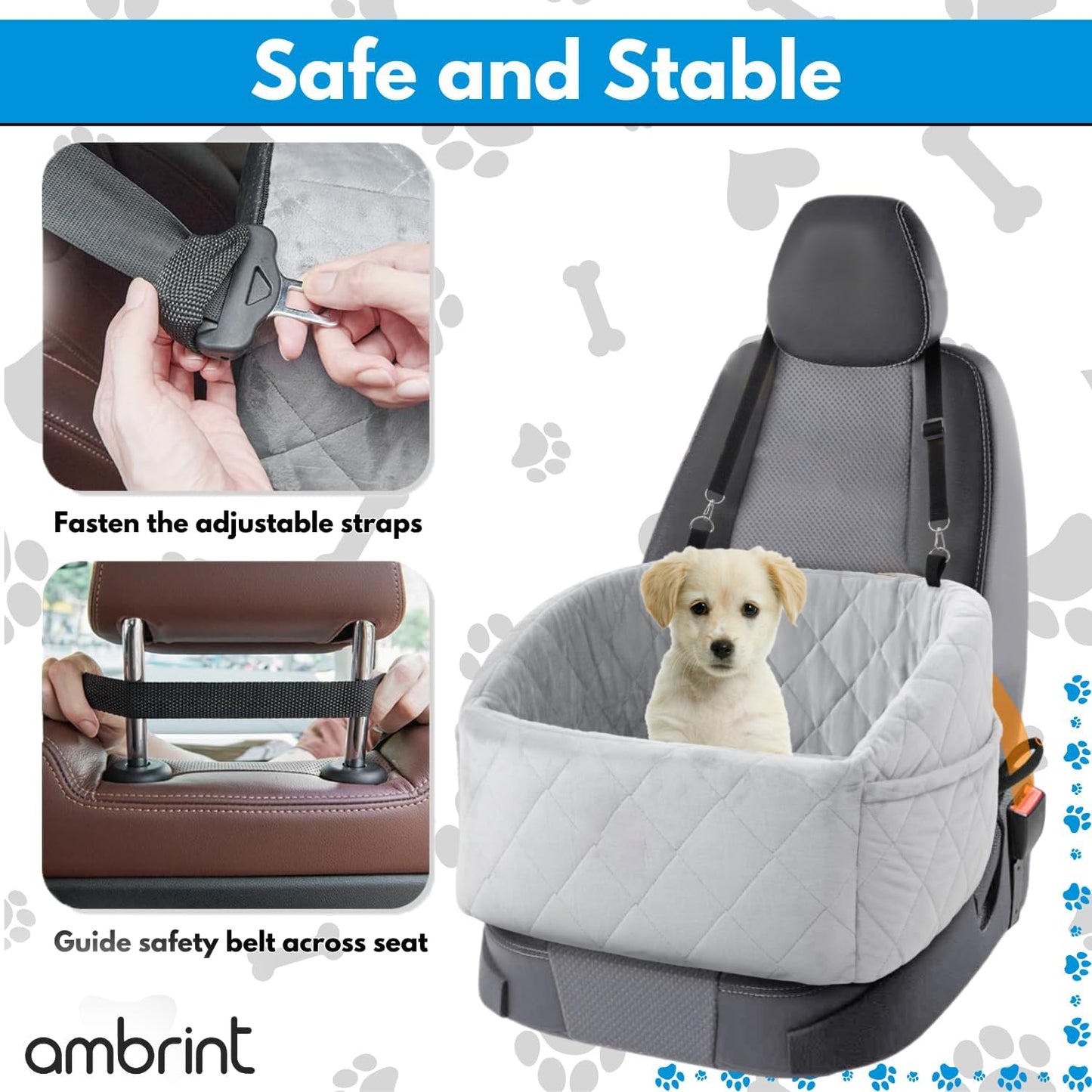 Dog Car Seat for Small Medium Sized Dogs & Cats – Booster Seat with Safety Belt, Non-Slip Bottom, Washable Bed, Storage Pockets – Pet Car Seat for Dogs/Puppy Cats Under 5-35 lbs (Grey)