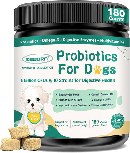 Probiotics for Dogs, Dog Probiotics with Digestive Enzymes, Prebiotics, Omega-3 & 6 and Vitamin for Dogs Digestive Health, 6 Billion CFUs for Gut Health and Immune Support, 180 Freeze-Dried Chews