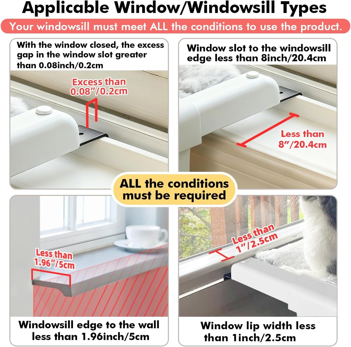 Window Sill Mount Cat Perch for Indoor Cats, One-Step Sliding Clamping Slot Adjustment Cat Hammock with Washable Cover, No Suction Cups Pet Bed for Windowsill & Bedside (Medium)