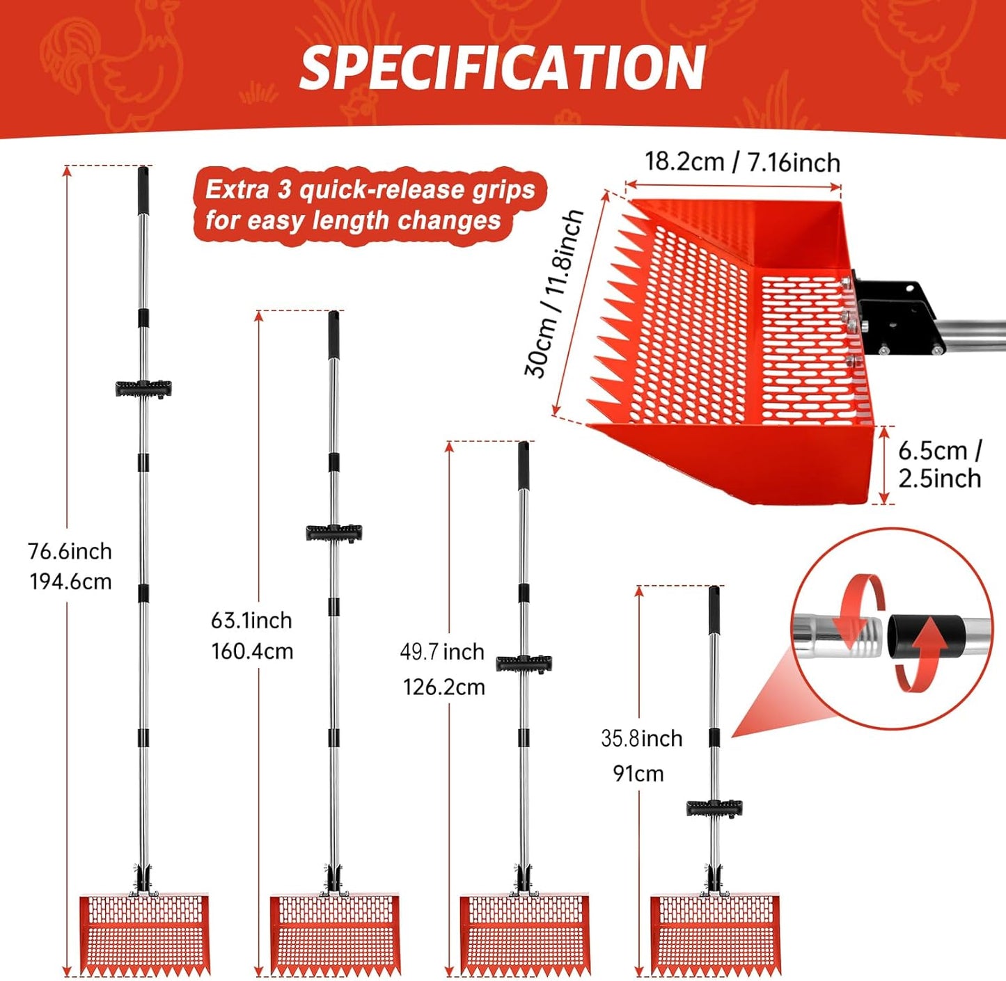 Chicken Poop Scooper for Sand, 12'' Wide 2-in-1 Chicken Coop Scooper and Rake, 36'' to 77'' Adjustable Effort-saving Handle Chicken Coop Pooper Scooper Sifting Shovel, Chicken Coop Cleaning Tools