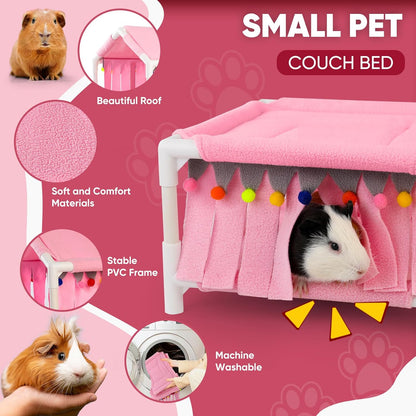 Guinea Pig Loft Bed - Small Pet Bunk Bed, Guinea Pig Hammock with Fleece Forest Hideout, Ideal for Rabbits, Ferrets and Chinchillas, Pink