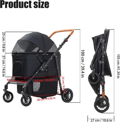 Dog Stroller for Medium and Large Dogs Foldable Pet Strollers for Puppy Cat Cart Up to 66lbs with All Terrain 4 Wheels Adjustable Handle Canopy Sun Shades Storage Organizer(Single)