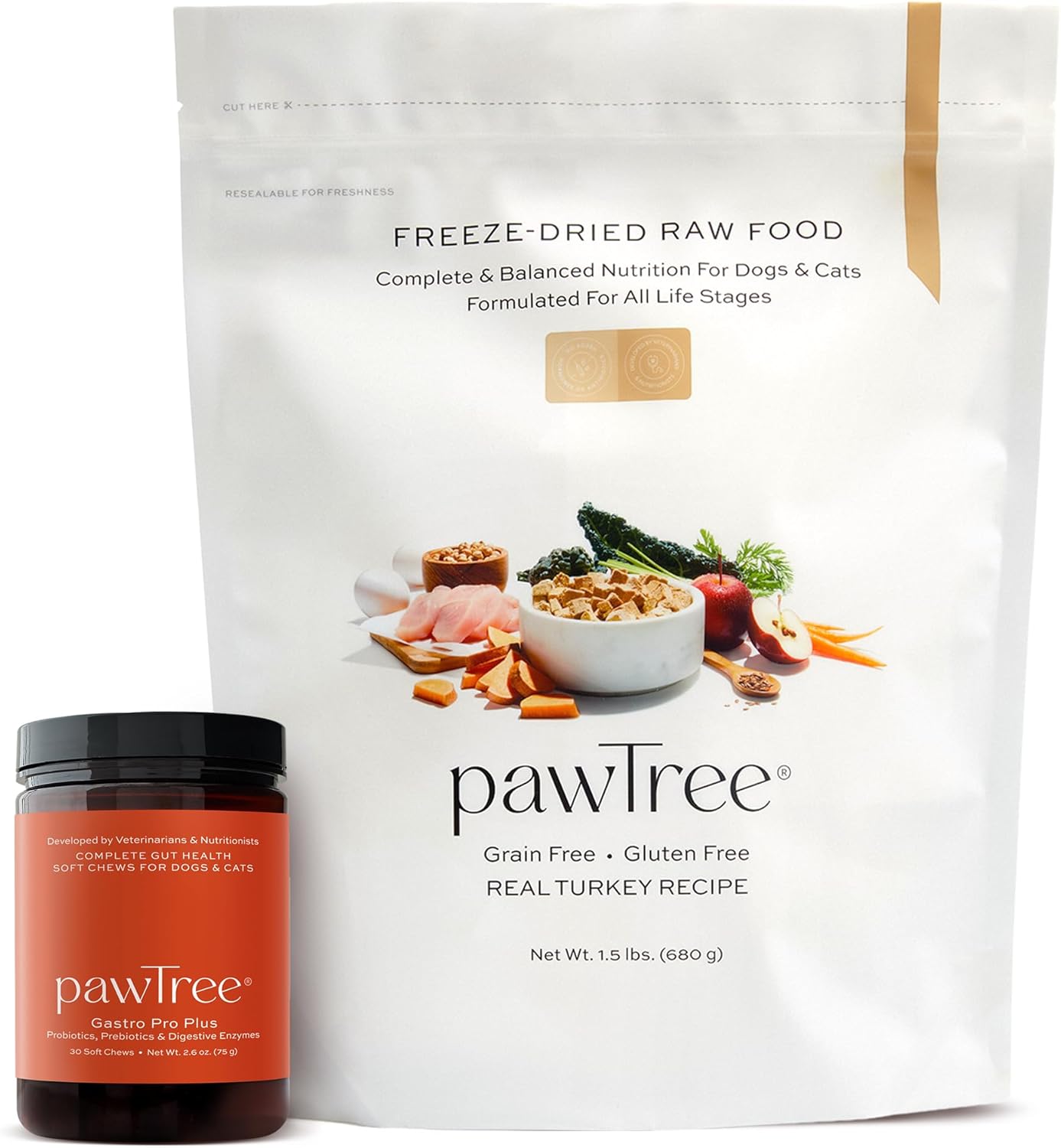 pawTree Bundle for Dogs & Cats – Freeze-Dried Raw Food (.5 lbs, Turkey) & Gastro Pro Plus (30 ct) – Complete Nutrition & Digestive Support