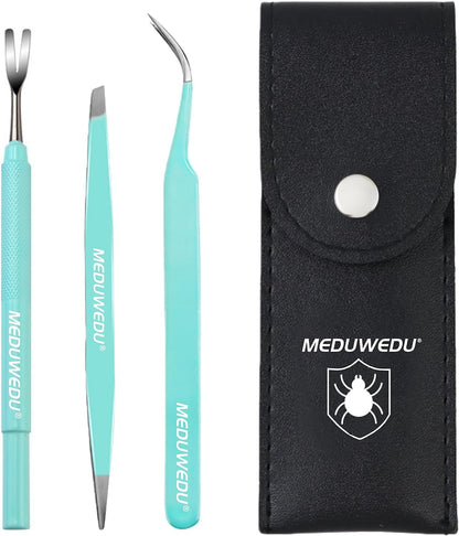 Tick Removal Tool Kit for Dogs, Cats & Humans – Stainless Steel Tick Tweezer, Fork & Dual-Head Clamp with Leather Pouch, Safe & Easy Tick Remover for Pets, Ideal for Grooming & Outdoor Travel