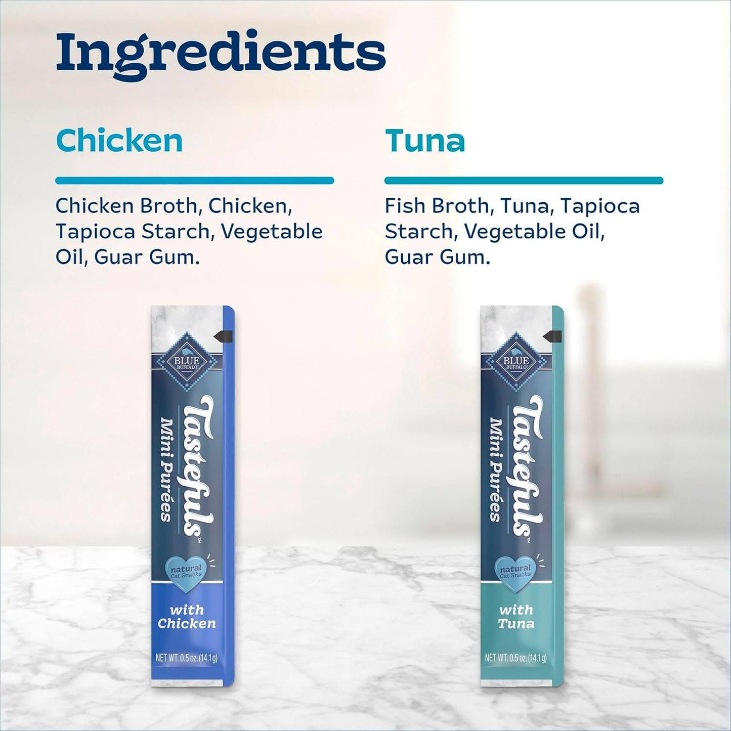 Blue Buffalo Tastefuls Mini Purées, Adult Cat Natural Single-Serving Snack, 4-Count Variety Pack Chicken and Tuna, 0.5 oz. (Pack of 4)