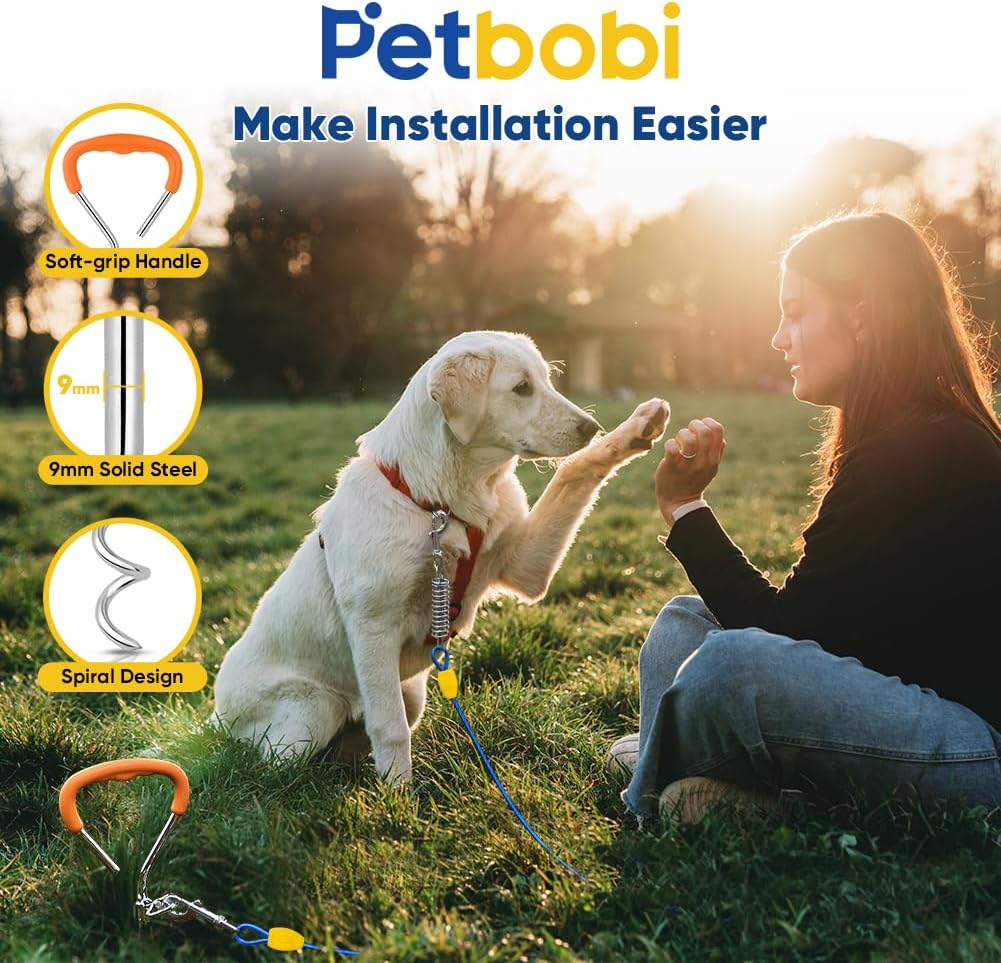 Petbobi Dog Tie-Out Cable and Stake - 30ft Heavy Duty Cable with Spring, No Tangle, 16in Ground Stake, Ideal for Yard, Camping and Beach, Suitable for Small Medium Large Dogs Up to 120 lbs, Blue