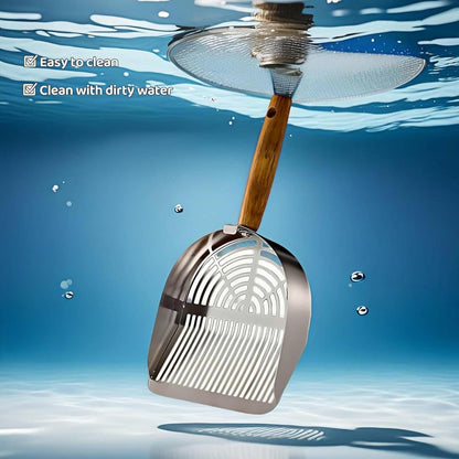 Premium Stainless Steel Cat Litter Scoop-Triple Guard Walls&Non-Stick Design,Silver,Flat Shovel Head Design Solid Deep Edge Wood Handle,Dual Hooks 1Pack,6.1x5.3inch (Silver long strip) (Silver)