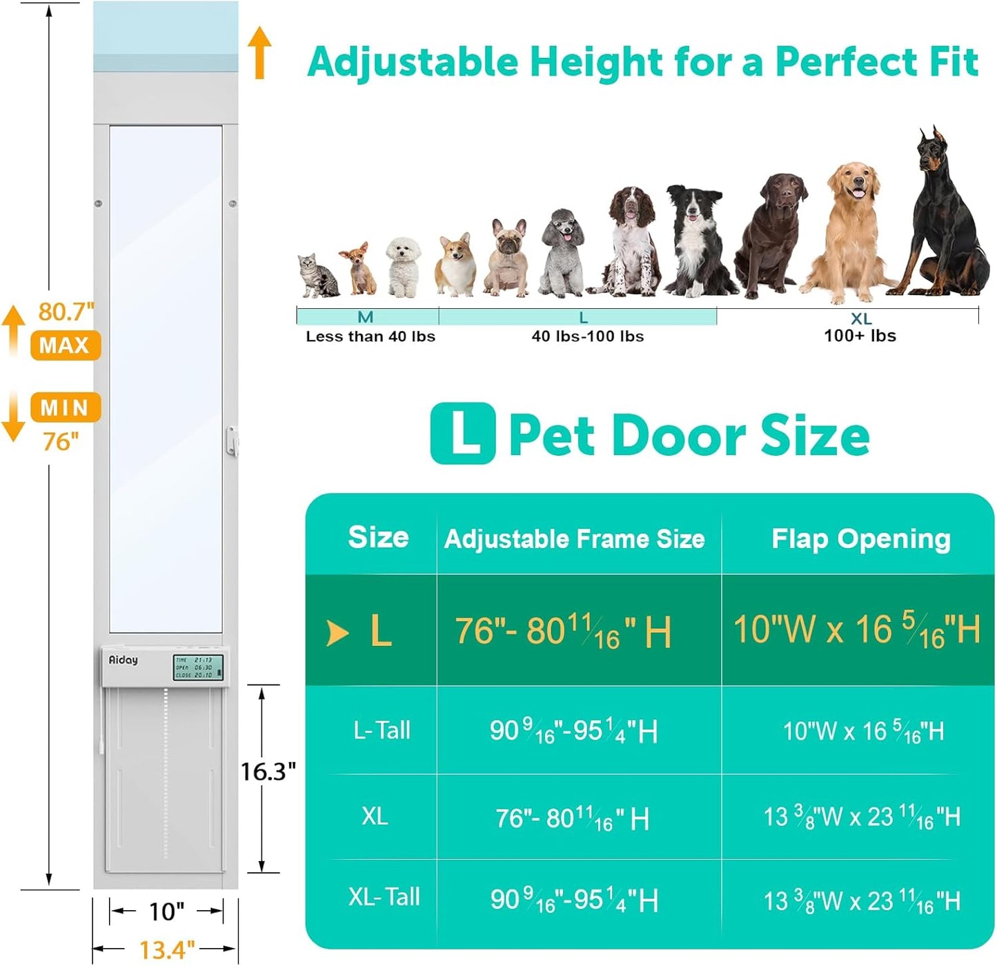 Automatic Sliding Glass Dog Door with Collar Sensor,Large Electric Doggy Door for Sliding Glass Door, Adjustable 76" to 80-11/16" Slider Height,Custom Scheduling & Anti-Pinch,Fit Dog Up to 100 Lbs (L)