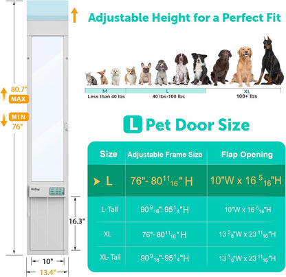 Automatic Sliding Glass Dog Door with Collar Sensor,Large Electric Doggy Door for Sliding Glass Door, Adjustable 76" to 80-11/16" Slider Height,Custom Scheduling & Anti-Pinch,Fit Dog Up to 100 Lbs (L)