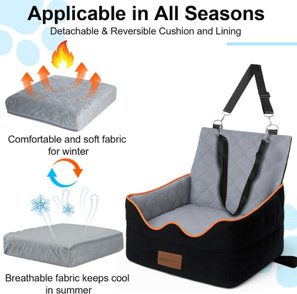 Dog Car Seat for Small/Medium Dogs Under 35lbs, Pet Booster Seat with 4In Memory Foam Cushion, Fully Detachable and Washable, Travel Dog Carseat with Storage Pocket and Safety Belt