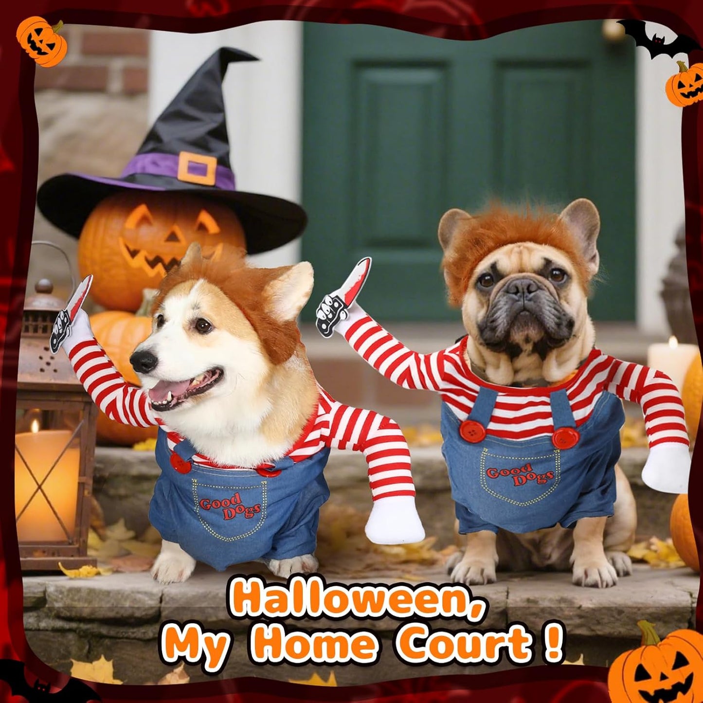 T2Y Dog Halloween Costume Pet Deadly Doll Chucky Dogs Costume with Knife & Wig, Dog Costumes for Medium Dogs Funny Party Cosplay Halloween for Corgi, Pug, Frenchie, Dachshund【L】