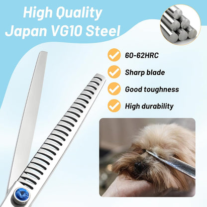 7.5in 24 Teeth Chunker & 6.75in Pink Curved Dog Grooming Scissors, Japan 30 Degree Bend, VG10 Steel Sharp Scissors for Dog Grooming, Professional Pet Thinning Shears for Dogs Cats on Face Paw
