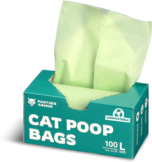 Panther Armor Cat Litter Bags, 100 Large Compostable Unscented Poop Bags -16x12in Super Large Kitty - Leak Proof Box Trash - Odor Proof Cat Disposal