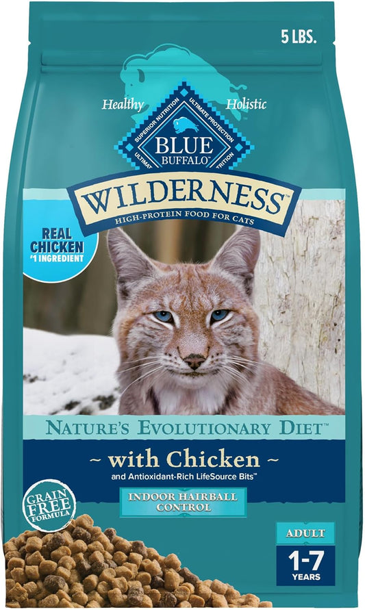 Blue Buffalo Wilderness Natural Hairball Care Dry Cat Food for Indoor Cats, High-Protein & Grain-Free Formula, Chicken, 5-lb. Bag