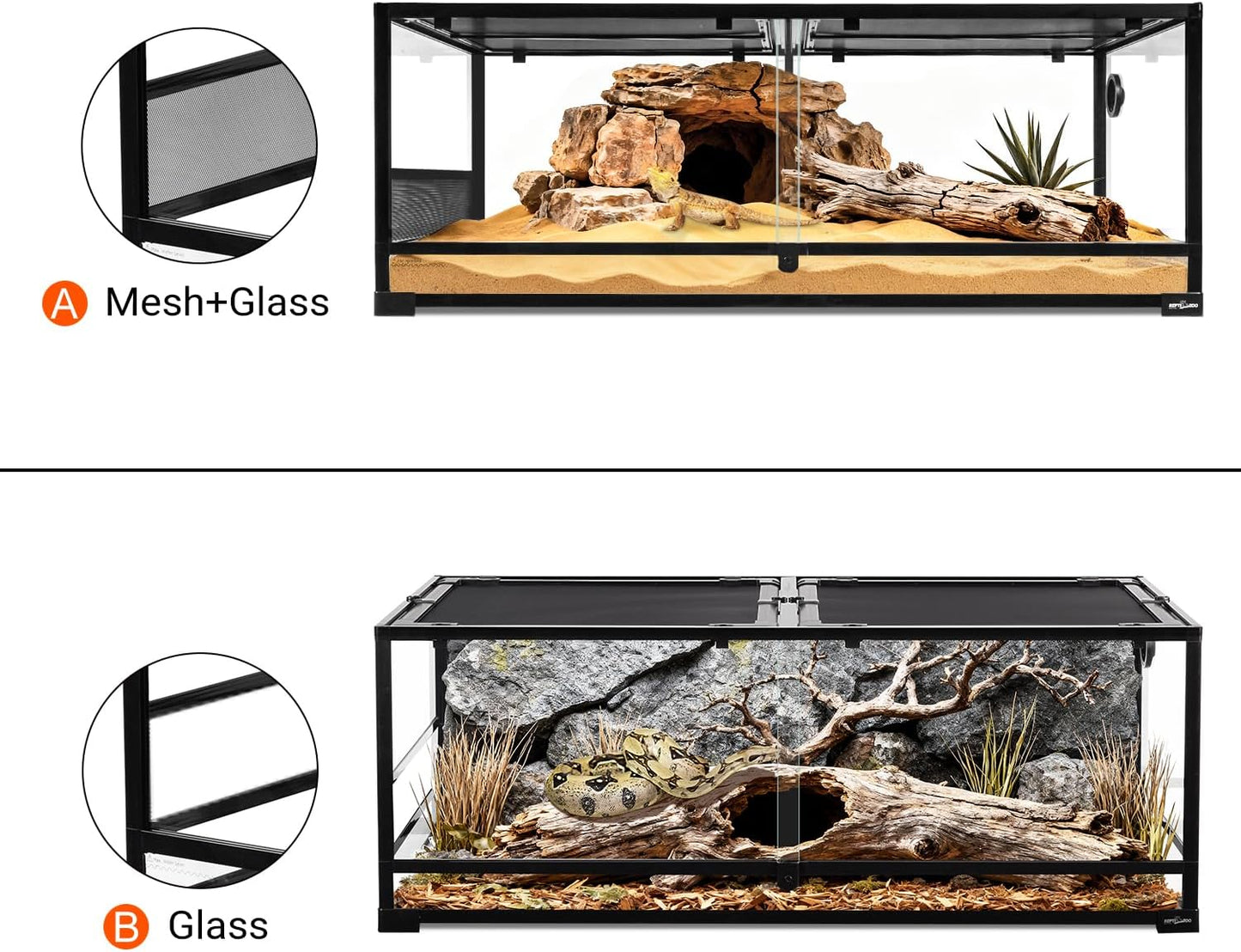 REPTI ZOO Large Glass Reptile Terrarium 48" x 24" x 18", 85 Gallon Detachable Terrarium with Double Hinge Door & Top Screen Ventilation, Reptile Habitat Tank for Bearded Dragon, Ball Python, Gecko