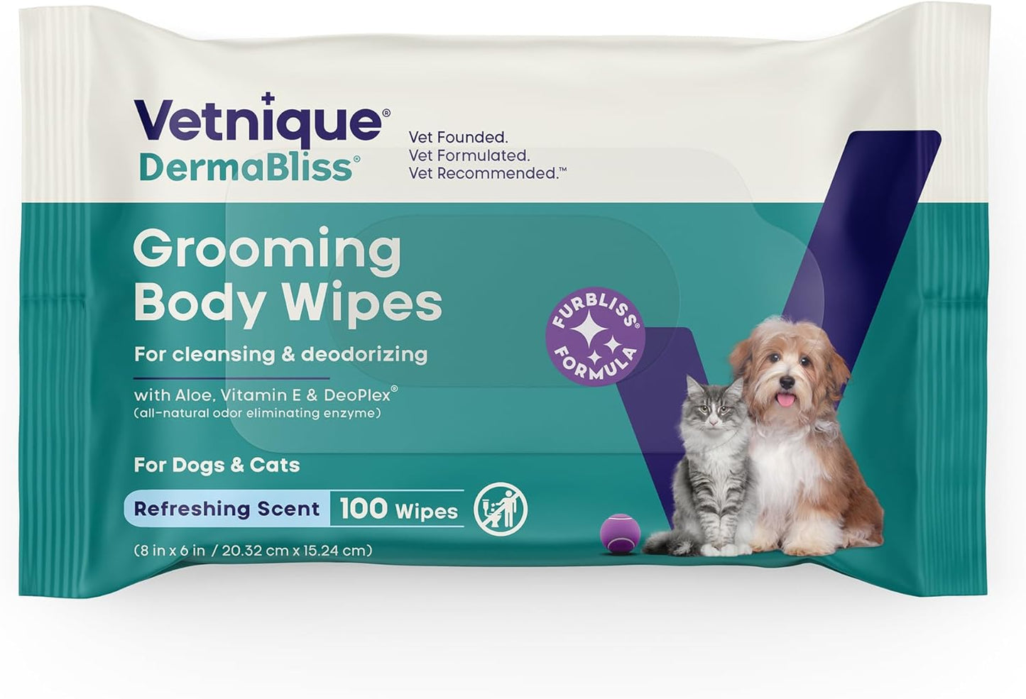 Vetnique DermaBliss Pet Wipes for Dogs & Cats for Grooming, Cleansing & Deodorizing, Thick Dog Wipes for Convenient Dog Cleaning and Natural Pet Odor Eliminator, 100ct Refreshing Scent