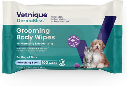 Vetnique DermaBliss Pet Wipes for Dogs & Cats for Grooming, Cleansing & Deodorizing, Thick Dog Wipes for Convenient Dog Cleaning and Natural Pet Odor Eliminator, 100ct Refreshing Scent