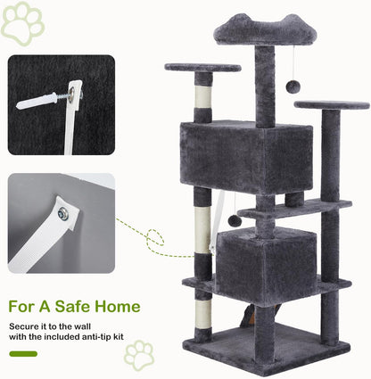 DUMOS 54-inch Indoor Cat Tree Tower –Multi-Level Pet House for Large Cats with 2 Condos, Scratching Posts, Round Platform, Small Ladder, and Toys – Perfect for Cats of All Ages, Dark Grey