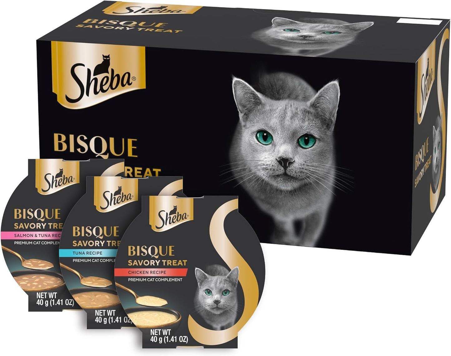 Sheba Bisque Lickable Cat Treats & Cat Food Toppers, Chicken, Tuna and Salmon Recipes, 1.4 oz. Bowls, 24 Count