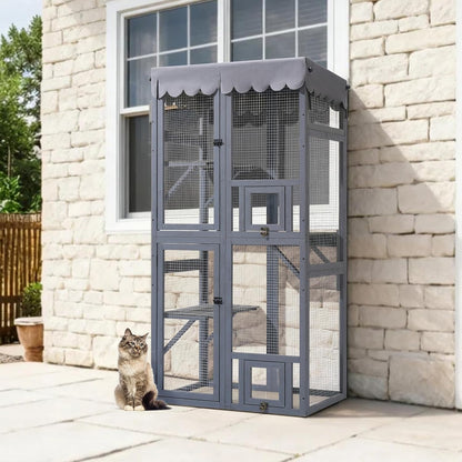 Veehoo Catio Outdoor Cat Enclosure, 63" Cat Outdoor Enclosure Window Access, Large Wooden Indoor Cats Patio Cage with Weatherproof Tarp Roof