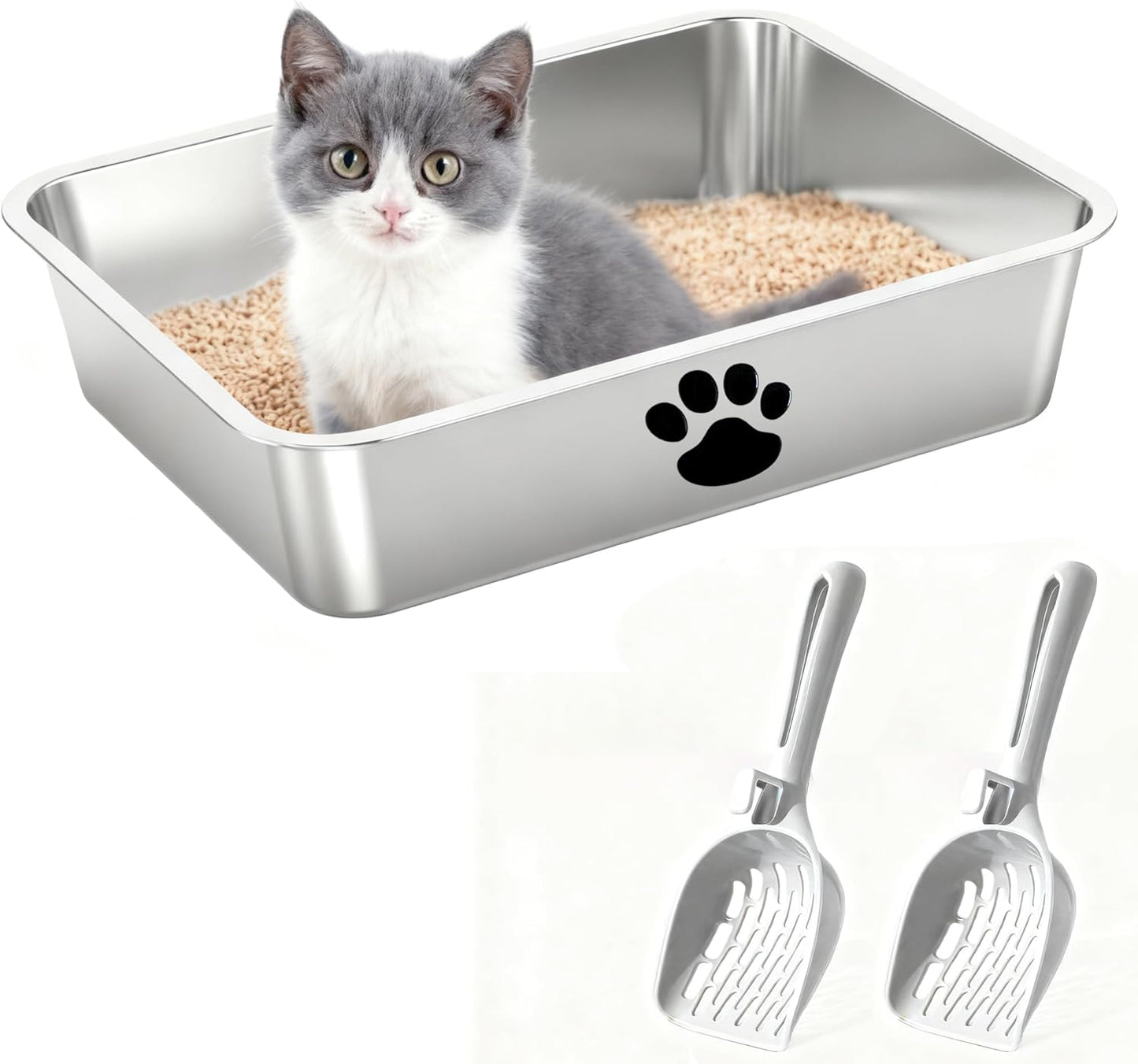Stainless Steel Cat Litter Box with Cat Litter Scoop,Metal Kitty Litter Pan,Kitty Shallow Litter Box for Small Animals Cats Kitty,Rabbits Toilet,Easy to Clean,Non Stick