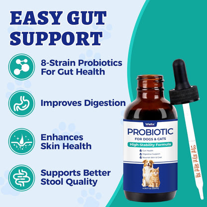 Wellix Liquid Probiotic for Cats & Dogs, 120ml 8-Strain Probiotics for Dog Digestive Health, Cat Digestive Support, Dry Skin Relief, Stool Formation for Cats & Dogs of All Ages