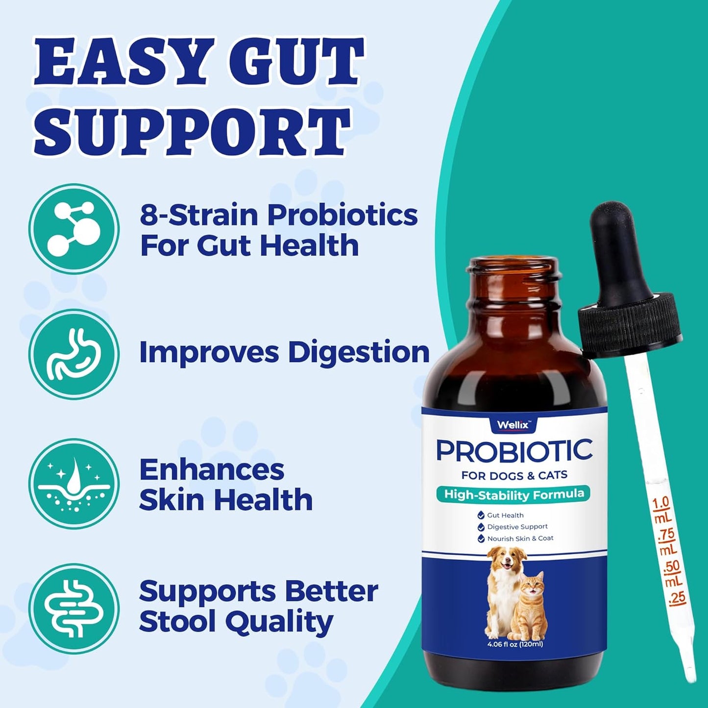 Wellix Liquid Probiotic for Cats & Dogs, 120ml 8-Strain Probiotics for Dog Digestive Health, Cat Digestive Support, Dry Skin Relief, Stool Formation for Cats & Dogs of All Ages