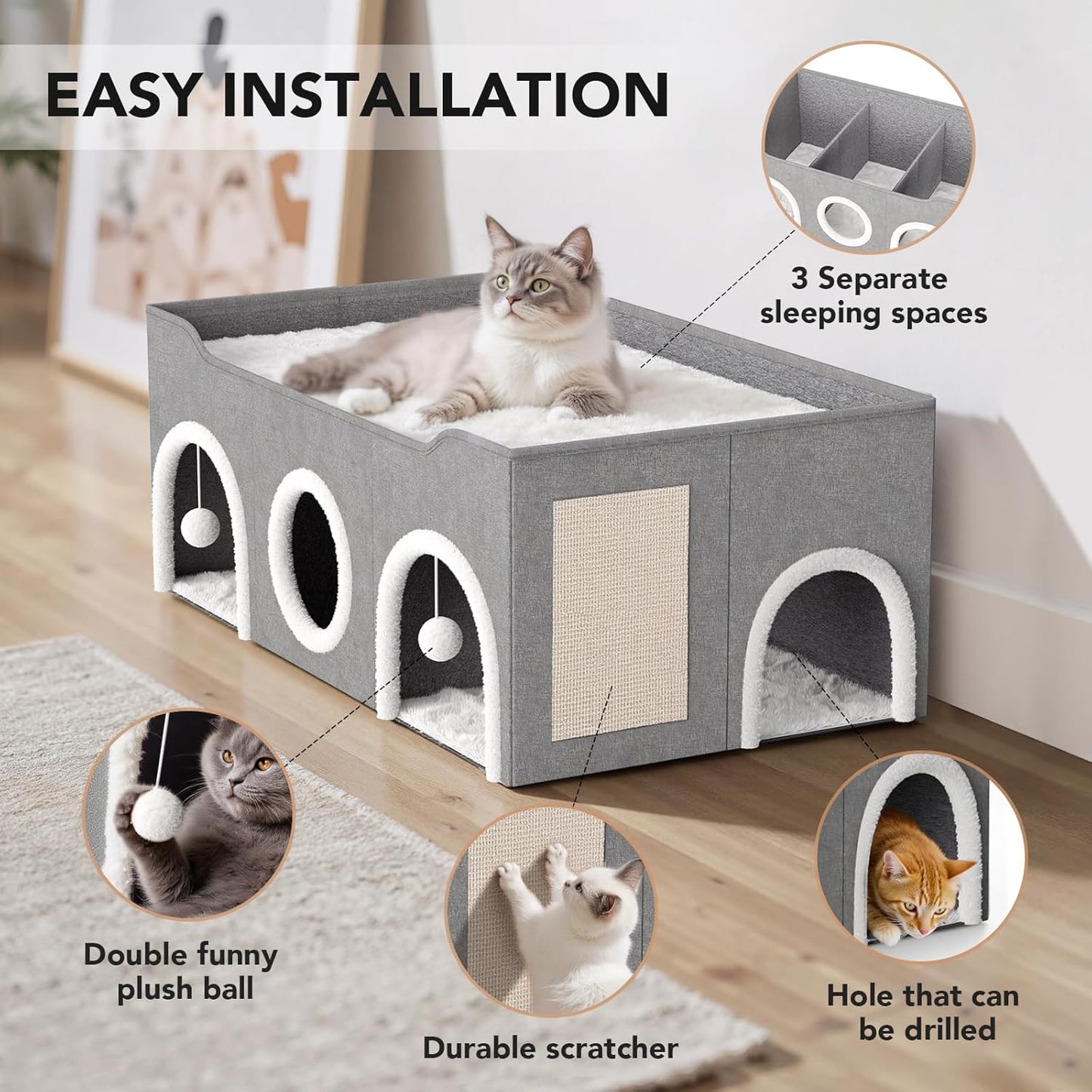 All-in-1 Extra Wide Cat House,Top Bed Three Rooms Cat Condos,Cat Beds for Indoor Cats,Multi Cats Puppy Family with Fluffy Ball Hanging and Scratch Pad, Foldable Hideaway