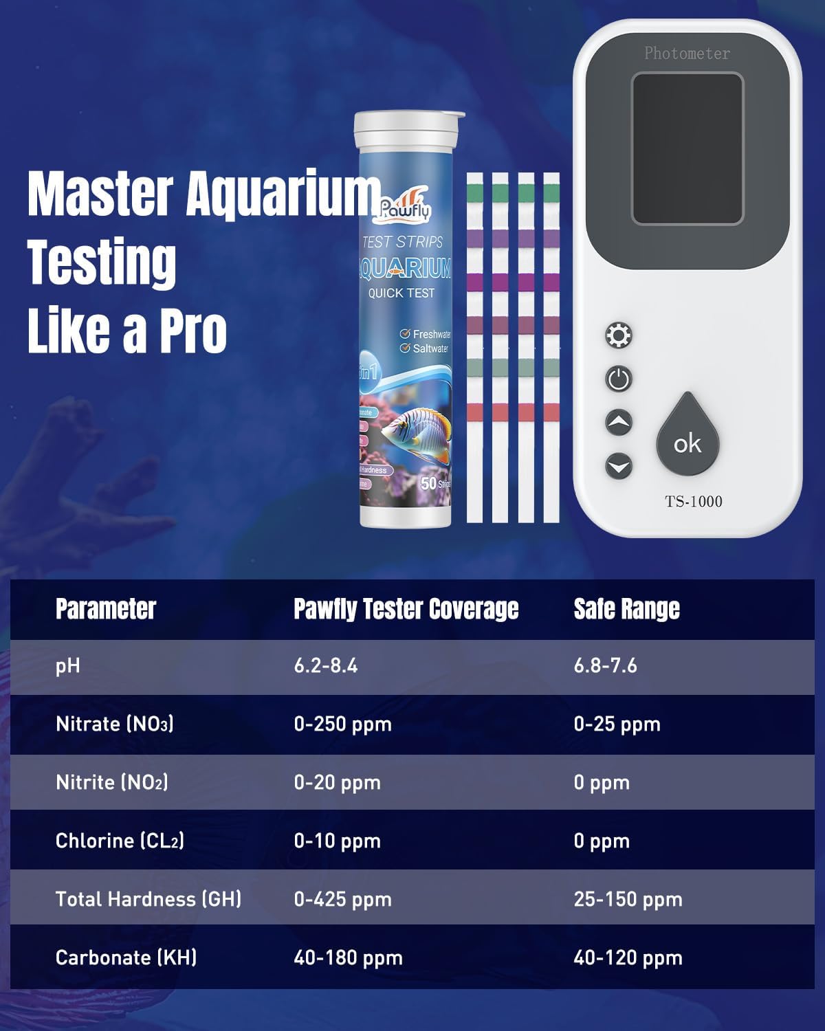 Pawfly 6 in 1 Digital Water Testing Kit, 50 Strips Fresh/Salt Aquarium Water Test Kit, Fish Tank Water Testing Kit, Digital Water Tester for pH, Nitrate, Nitrite, Chlorine, Total Hardness & Carbonate
