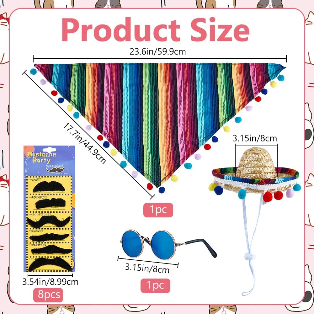 9-Piece Mexican Dog Costume Set - Cat Bandana, Triangle Bib, Sombrero, Pet Mustache Decoration, Sunglasses Decoration