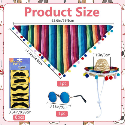 9-Piece Mexican Dog Costume Set - Cat Bandana, Triangle Bib, Sombrero, Pet Mustache Decoration, Sunglasses Decoration