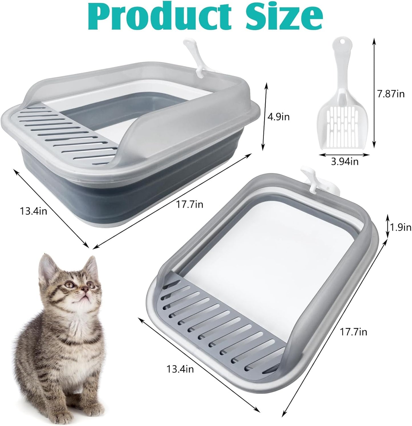 VCEPJH Collapsible Litterbox with High Sides Small Cats Litter Pan with Scoop Open Cat Litter Box Portable Travel Kittens Toilet Kitten Starter Kit for Kittens Adult and Elderly Cats (Grey)