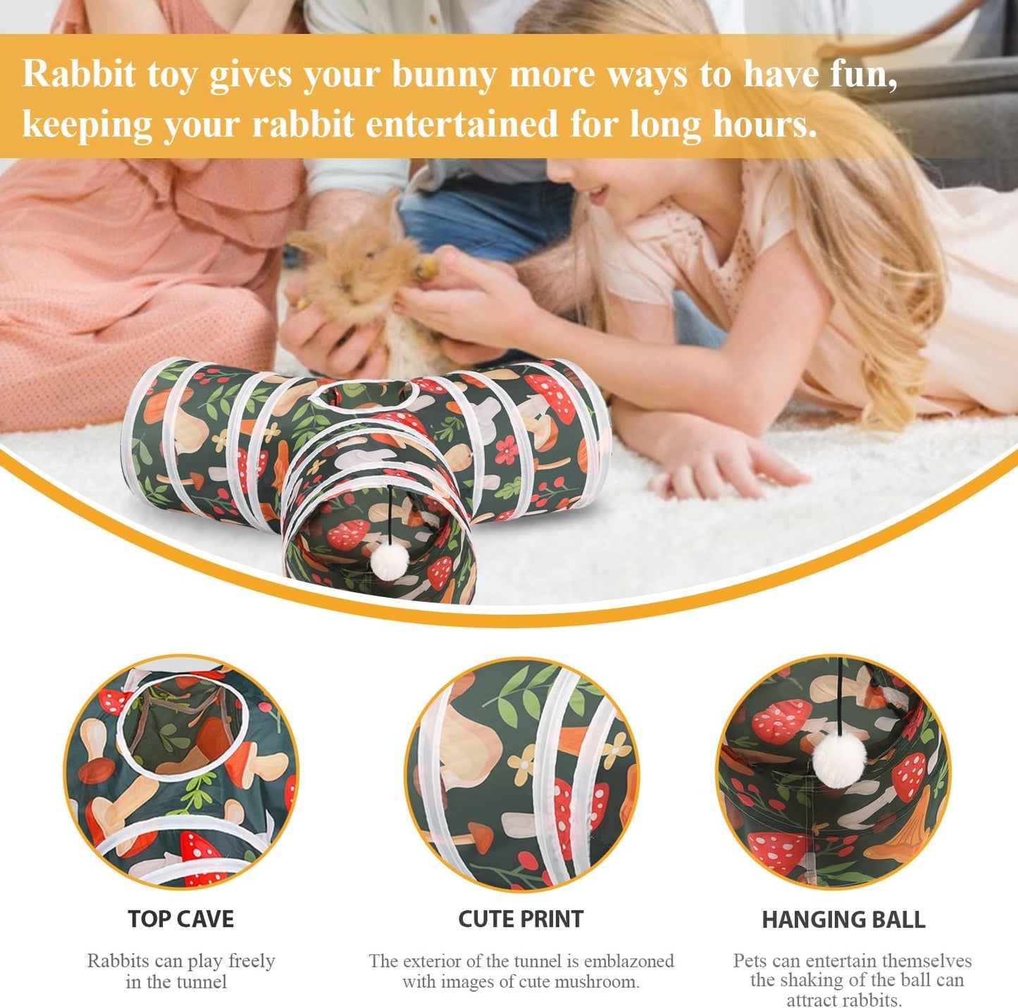 HERCOCCI Rabbit Toys, Bunny Tunnel & Tube, Collapsible 3 Way Rabbit Hideout Tunnel with Chew Toy for Bunny Guinea Pig Ferret Kitten