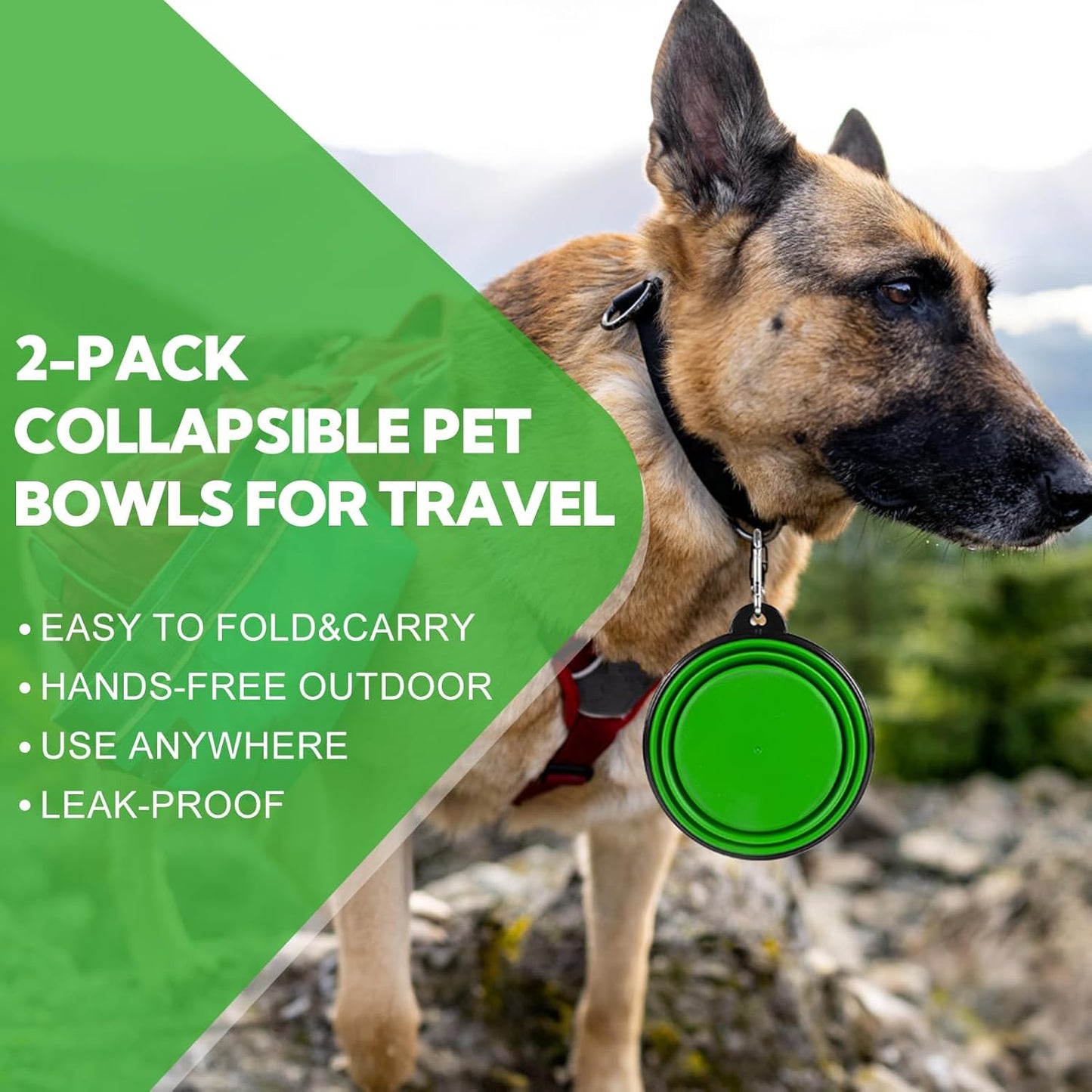 Collapsible Dog Bowl 2 Pack, Dog Water Bowls for Travels, Portable Foldable Pet Bowls Feeding Watering Dish for Parking Walking Camping with 2 Carabiners Clip (12oz, Small, Green+Purple)