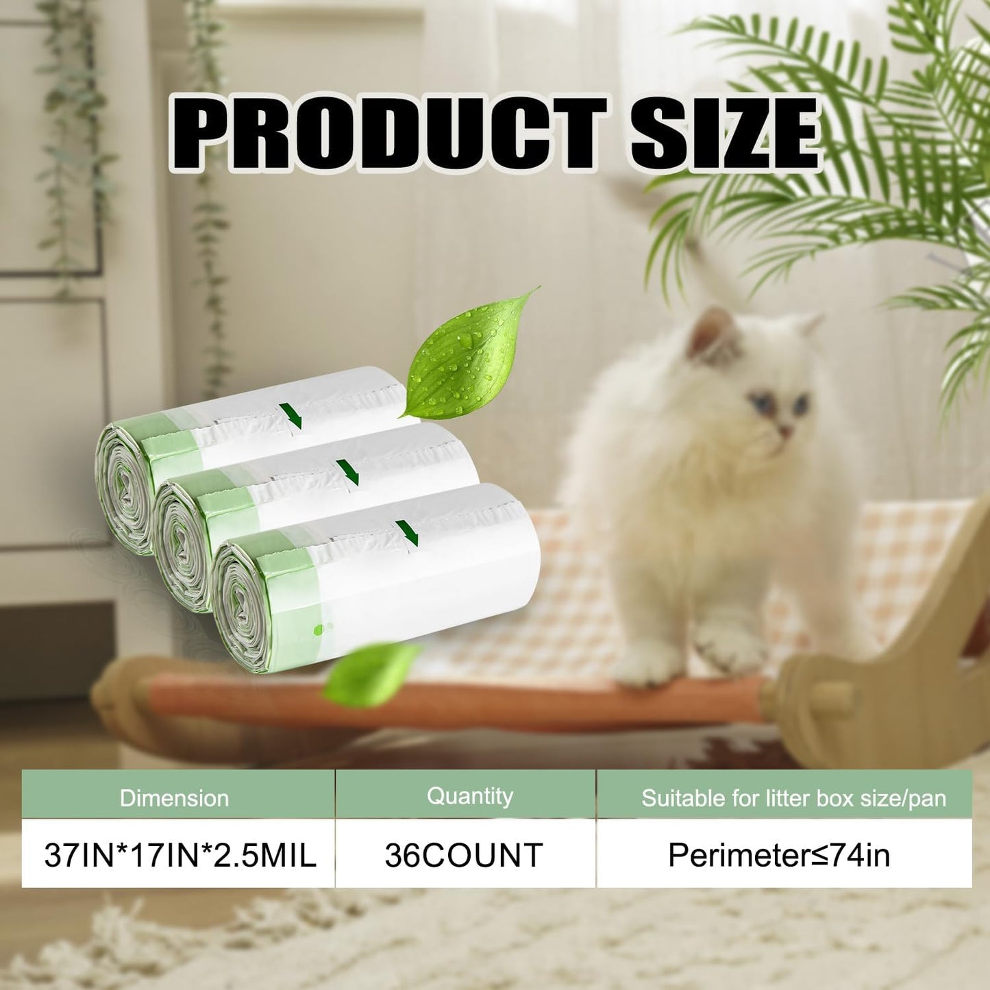 Cat Litter Box Liners Disposal Bags with Tie Handles,Large,37" x 17" Jumbo Drawstring Extra Durable Pet Cat Pan Liners for litter box Extra-Thick Kitty Litter Box Bag-36 Counts (3 Pack)