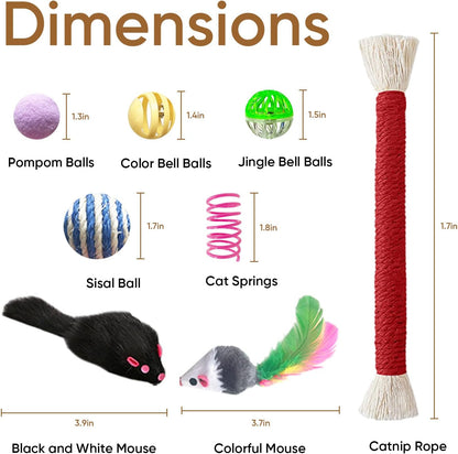 Cat Toys for Indoor Cats - 34 Packs Interactive Set with Colorful Springs, Mouse Toy, Catnip Ropes, Balls, Bells, and Sisal Ball for Kittens