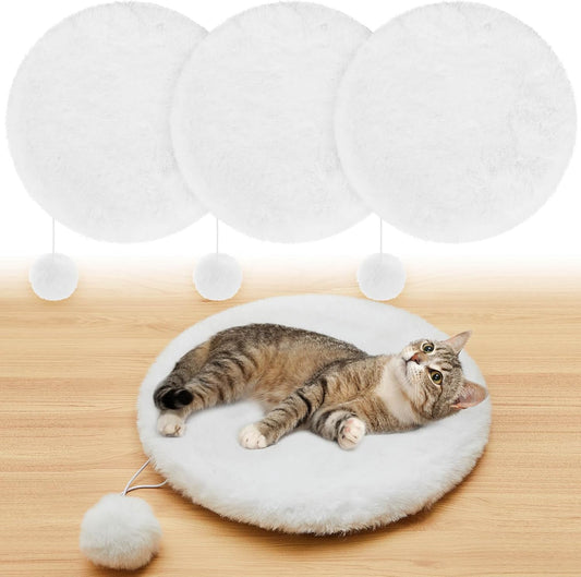 Abbylike 3 Pack 16" Round Cat Dog Bed Cushion Pad Mat Faux Rabbit Fur Pet Sleeping Mat with Small Ball Warm Plush Anti Slip Washable Cat Tree Tower Replacement Cushion Pad for Carrier Crate, White