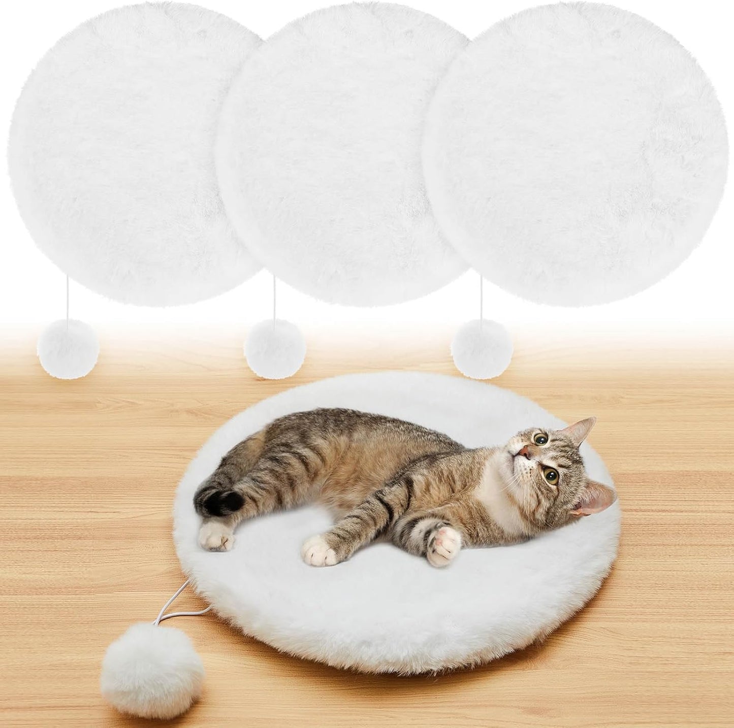 Abbylike 3 Pack 16" Round Cat Dog Bed Cushion Pad Mat Faux Rabbit Fur Pet Sleeping Mat with Small Ball Warm Plush Anti Slip Washable Cat Tree Tower Replacement Cushion Pad for Carrier Crate, White