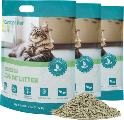 Gardner Pet Natural Tofu Cat Litter, Cat Litter with Green Tea Extract – Dust-Free, Fast Clumping, Flushable, and Odor Control for Multi-Cat Homes, 6lbs x 3 Pack