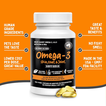 Omega 3 Fish Oil for Dogs - Finest For Pets Soft Gels for Skin & Coat, Itching, Shedding, Joints & Immune Health - 100% Pure Omega Fish Oil with EPA & DHA. Ideal for Medium to Large Dogs (180 ct)