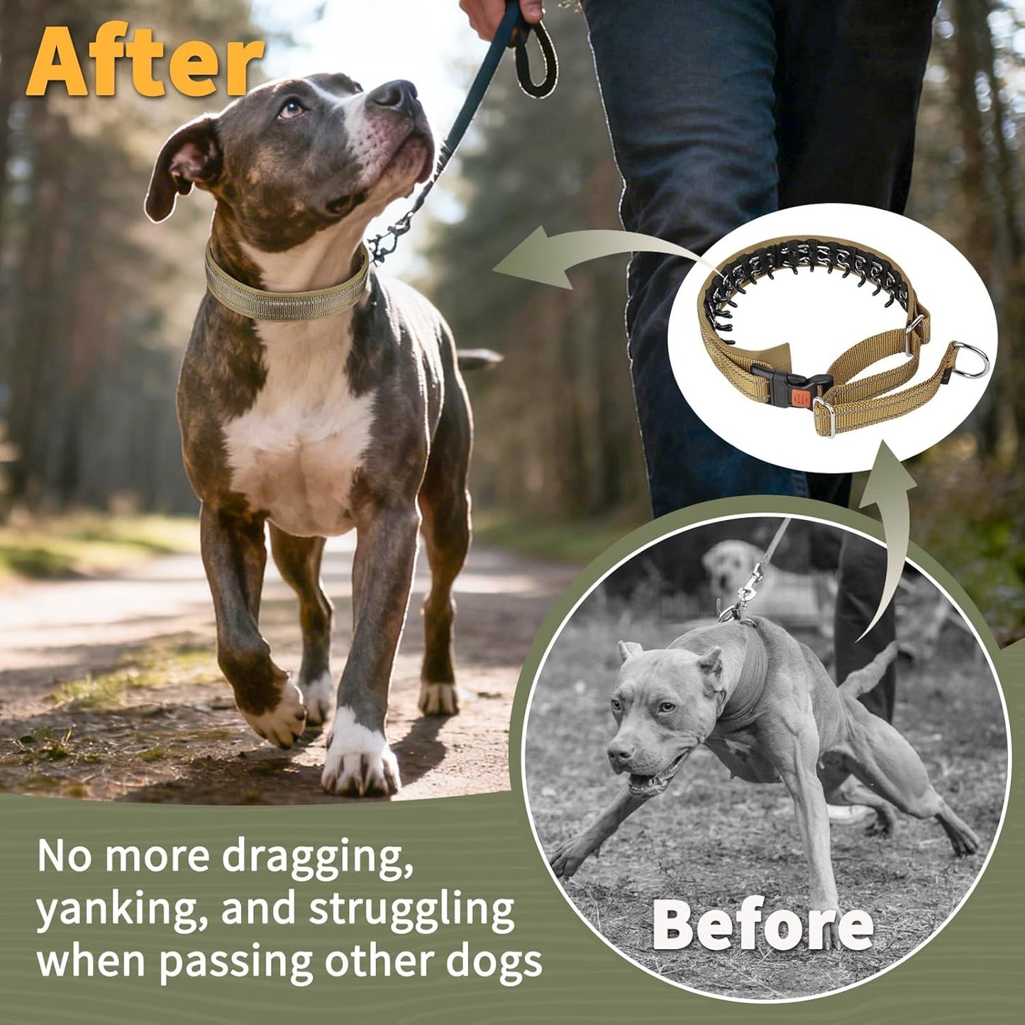 Mayerzon Martingale No Pull Collar for Medium Large Dogs German Shepherd Doberman Pitbull, Patented Anti Pull Correction Dog Collar for Walking Training, Reflective, Adjustable, Hidden(M, Khaki)